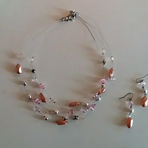 Necklace pink and silver beads with matching earri